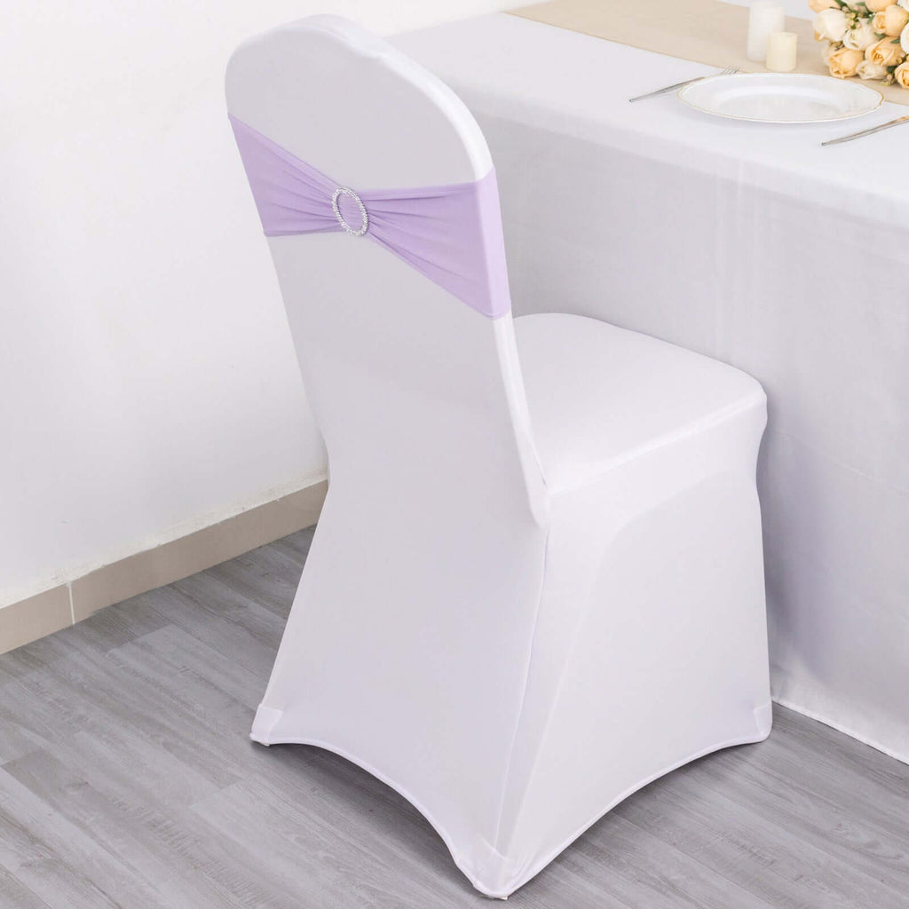 5 Pack Stretch Spandex Chair Sashes Lavender Lilac - Reusable Chair Bands with Silver Diamond Ring Slide Buckle 5"x14" - Bell Racket Store