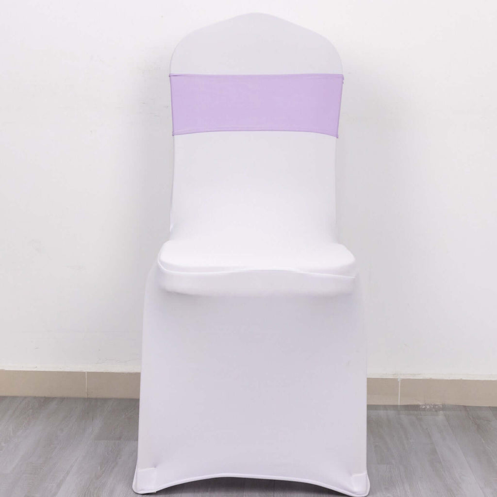 5 Pack Stretch Spandex Chair Sashes Lavender Lilac - Reusable Chair Bands with Silver Diamond Ring Slide Buckle 5"x14" - Bell Racket Store