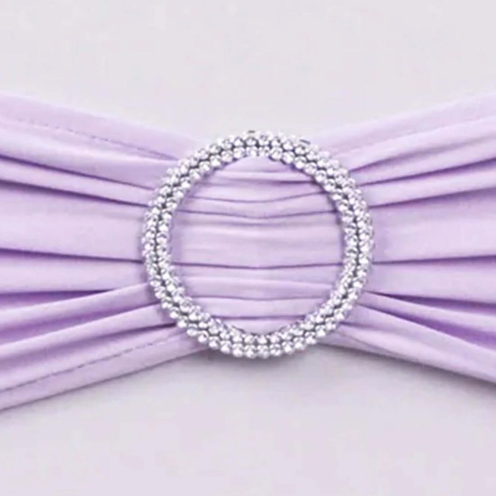 5 Pack Stretch Spandex Chair Sashes Lavender Lilac - Reusable Chair Bands with Silver Diamond Ring Slide Buckle 5"x14" - Bell Racket Store