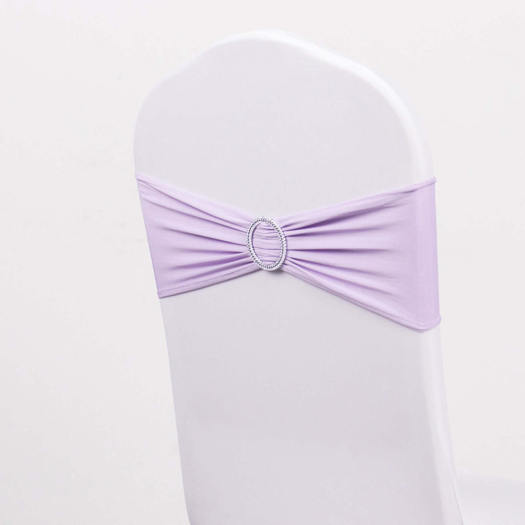 5 Pack Stretch Spandex Chair Sashes Lavender Lilac - Reusable Chair Bands with Silver Diamond Ring Slide Buckle 5"x14" - Bell Racket Store