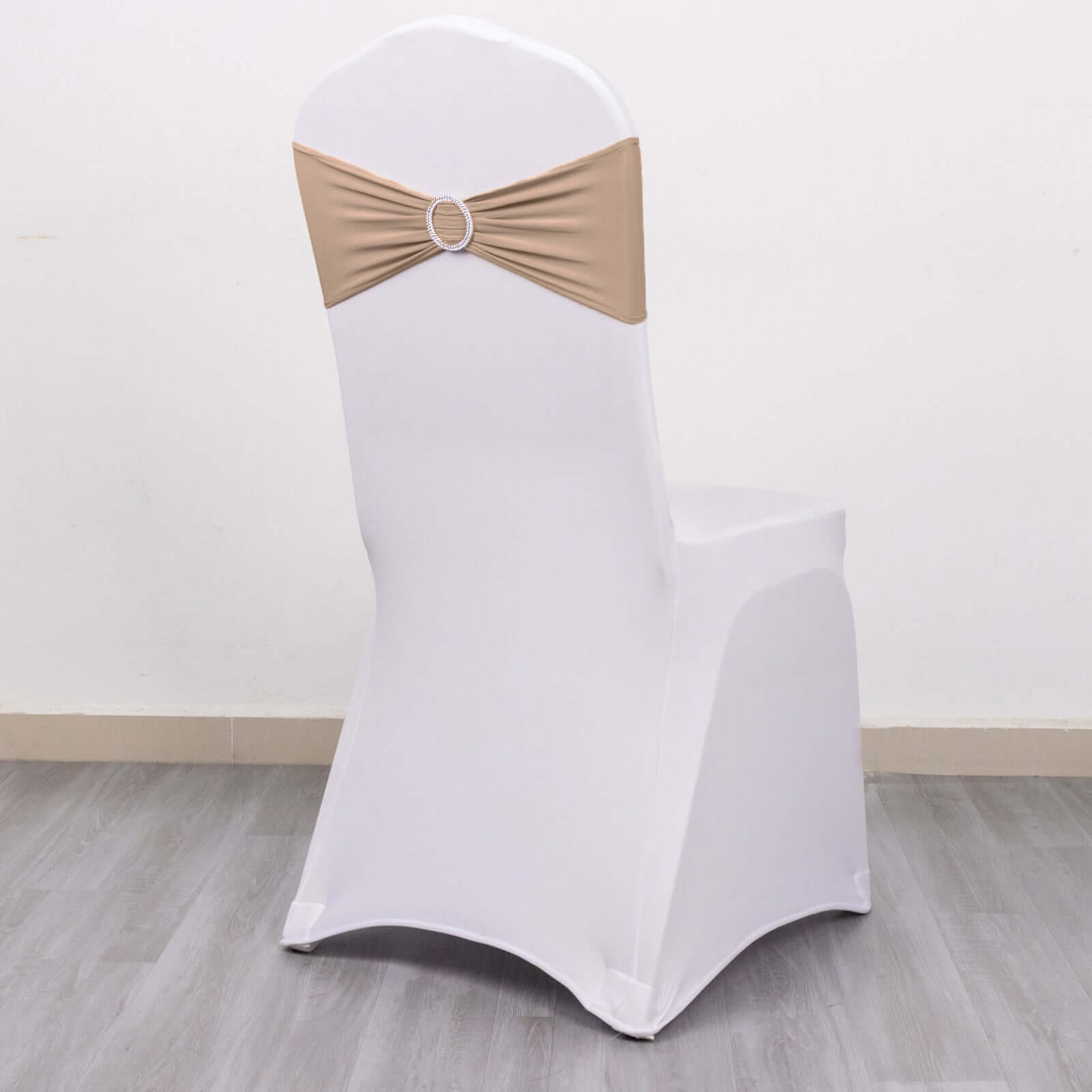 5 Pack Stretch Spandex Chair Sashes Nude - Reusable Chair Bands with Silver Diamond Ring Slide Buckle 5"x14" - Bell Racket Store