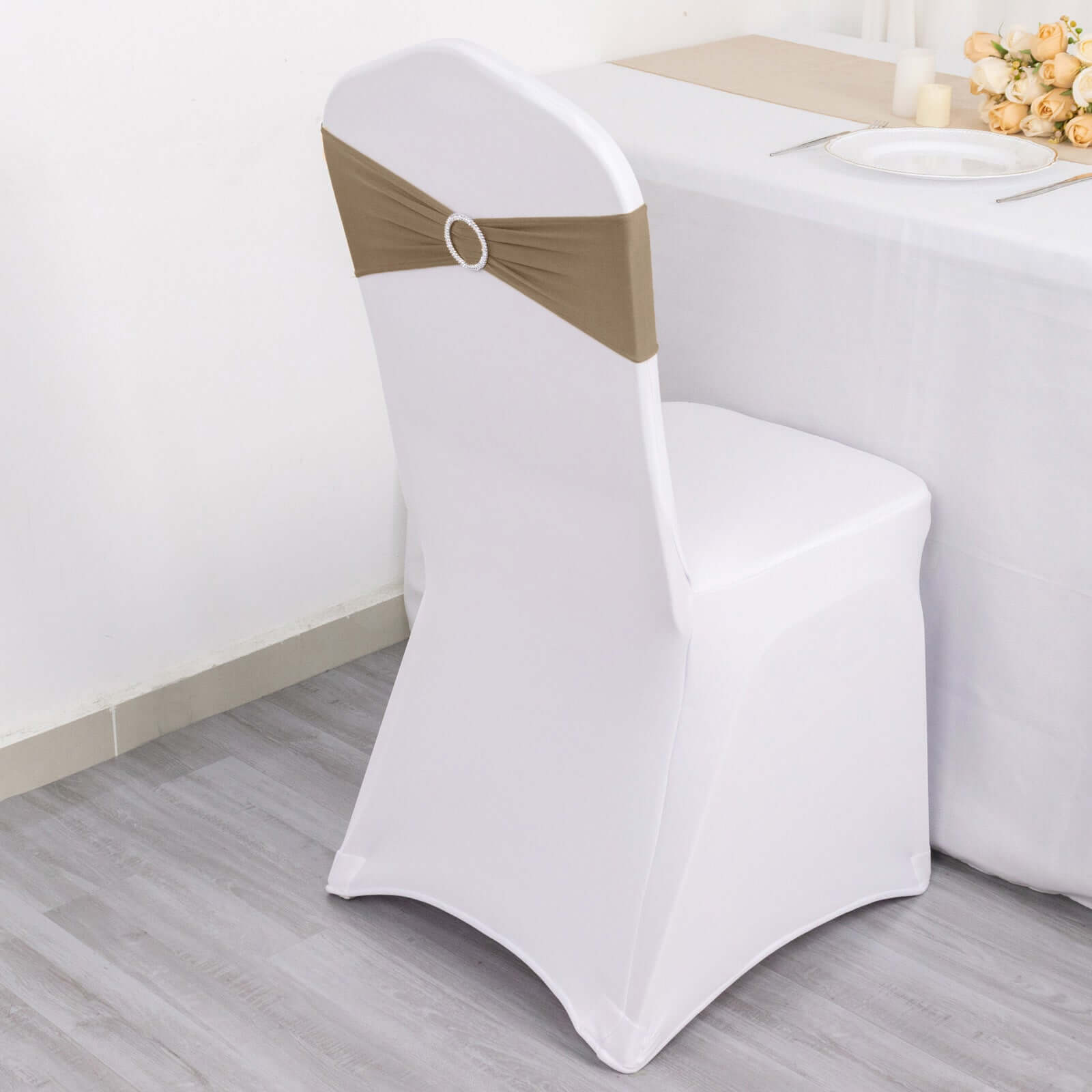 5 Pack Stretch Spandex Chair Sashes Taupe - Reusable Chair Bands with Silver Diamond Ring Slide Buckle 5"x14" - Bell Racket Store