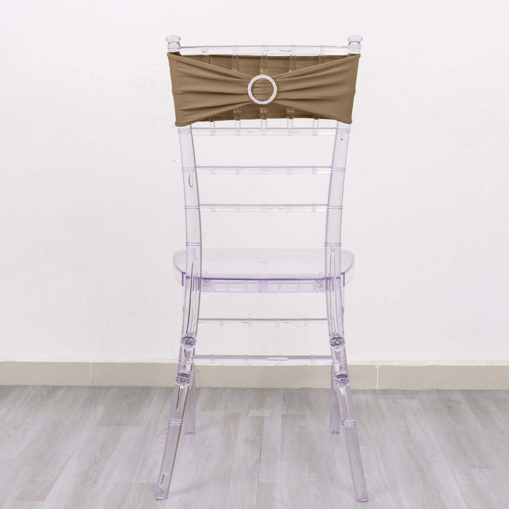 5 Pack Stretch Spandex Chair Sashes Taupe - Reusable Chair Bands with Silver Diamond Ring Slide Buckle 5"x14" - Bell Racket Store