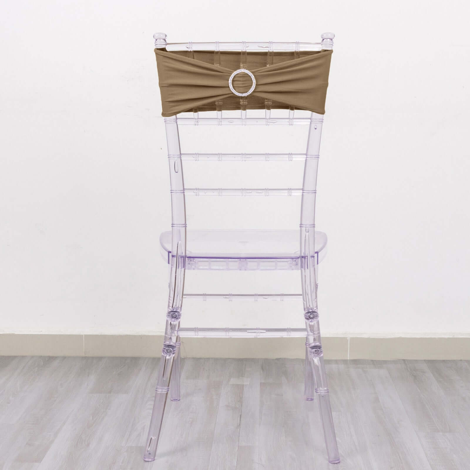 5 Pack Stretch Spandex Chair Sashes Taupe - Reusable Chair Bands with Silver Diamond Ring Slide Buckle 5"x14" - Bell Racket Store