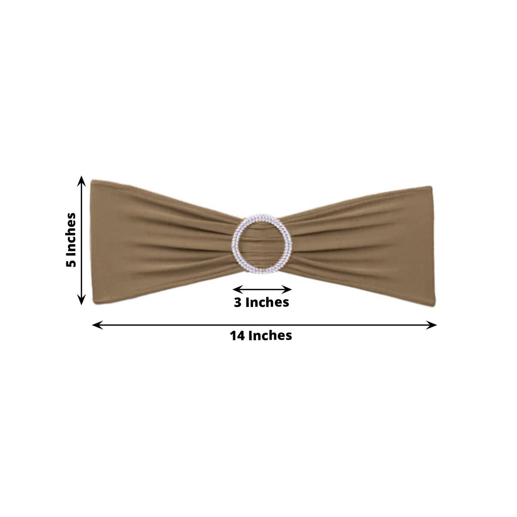 5 Pack Stretch Spandex Chair Sashes Taupe - Reusable Chair Bands with Silver Diamond Ring Slide Buckle 5"x14" - Bell Racket Store
