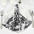5 Pack Taffeta 20"x20" Napkins Black/White Damask Flocking Design - Decorative Dinner Napkins with a Luxurious Touch