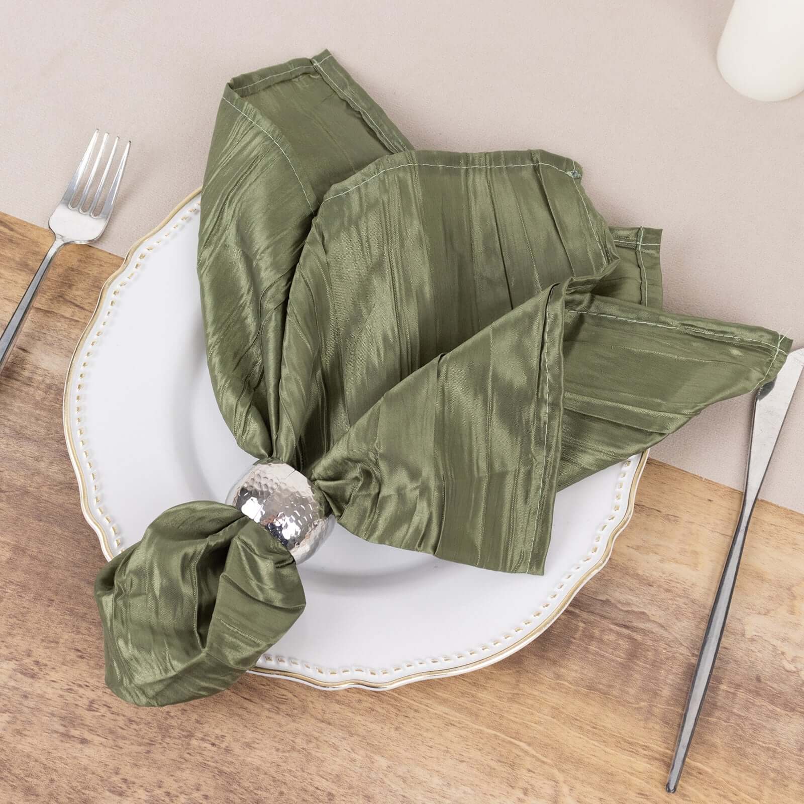 5 Pack Taffeta 20"x20" Napkins Dusty Sage Green - Accordion Crinkle Dinner Napkins - Bell Racket Store