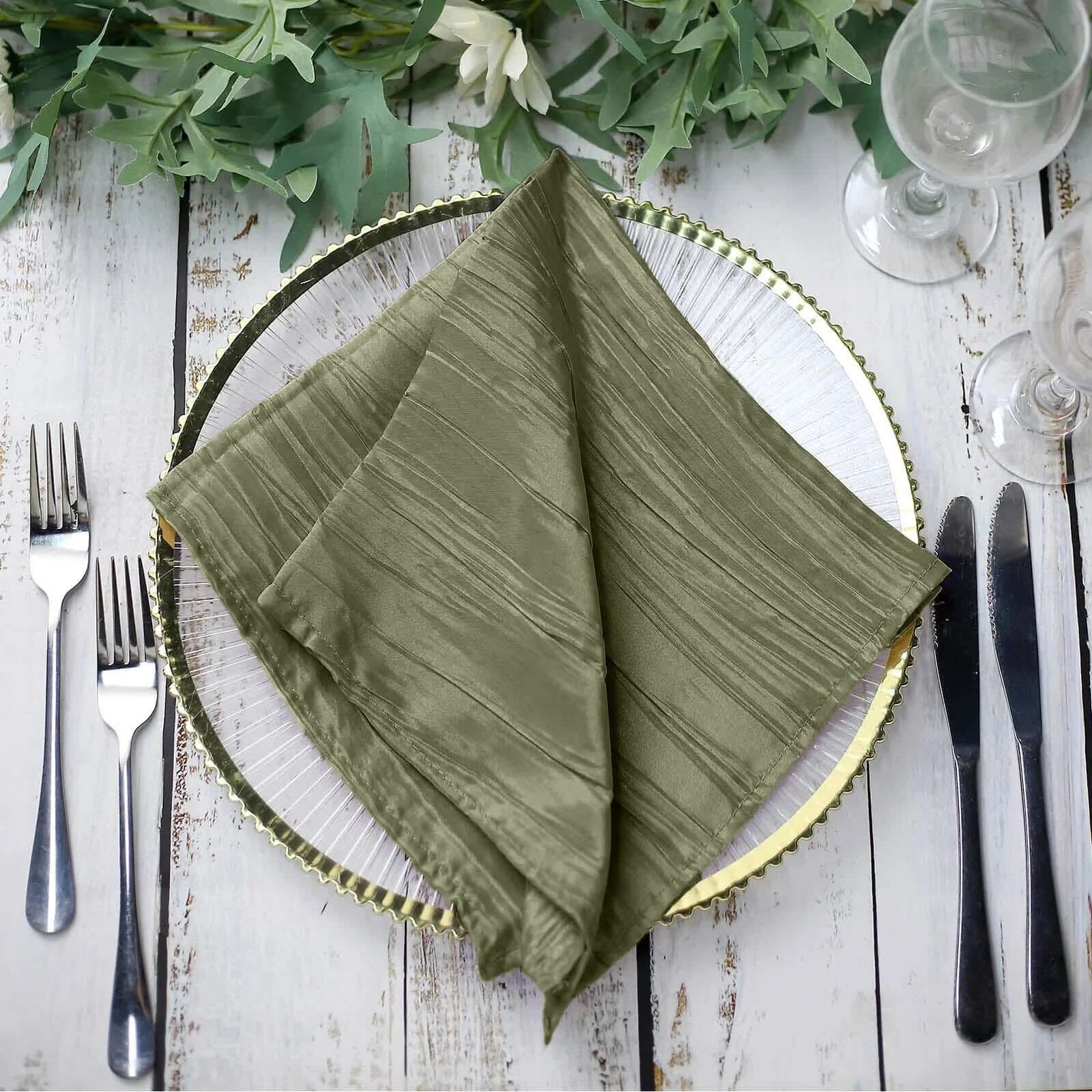 5 Pack Taffeta 20"x20" Napkins Dusty Sage Green - Accordion Crinkle Dinner Napkins - Bell Racket Store