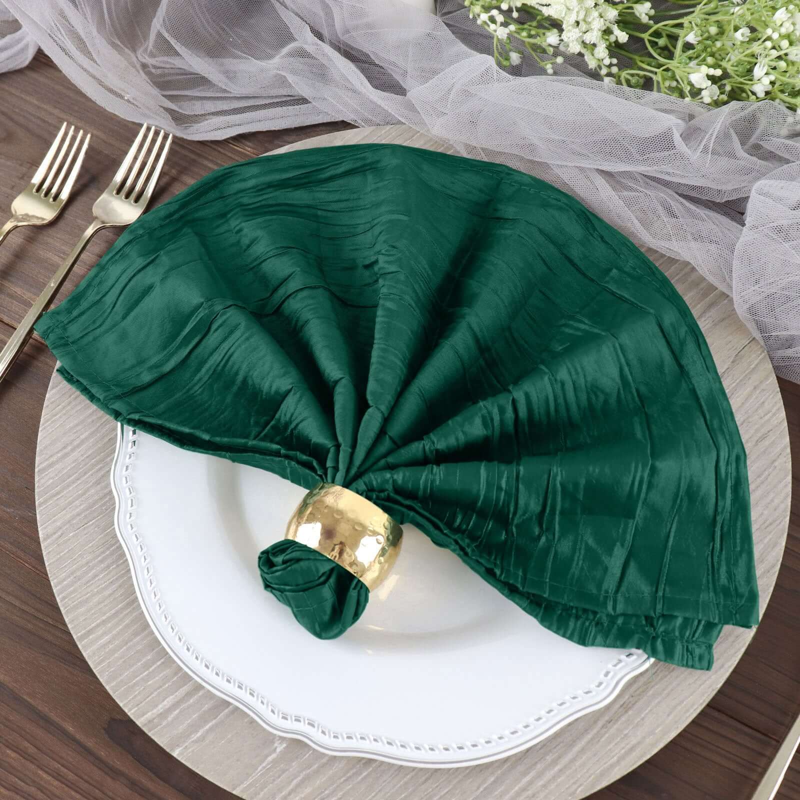 5 Pack Taffeta 20"x20" Napkins Hunter Emerald Green - Accordion Crinkle Dinner Napkins - Bell Racket Store