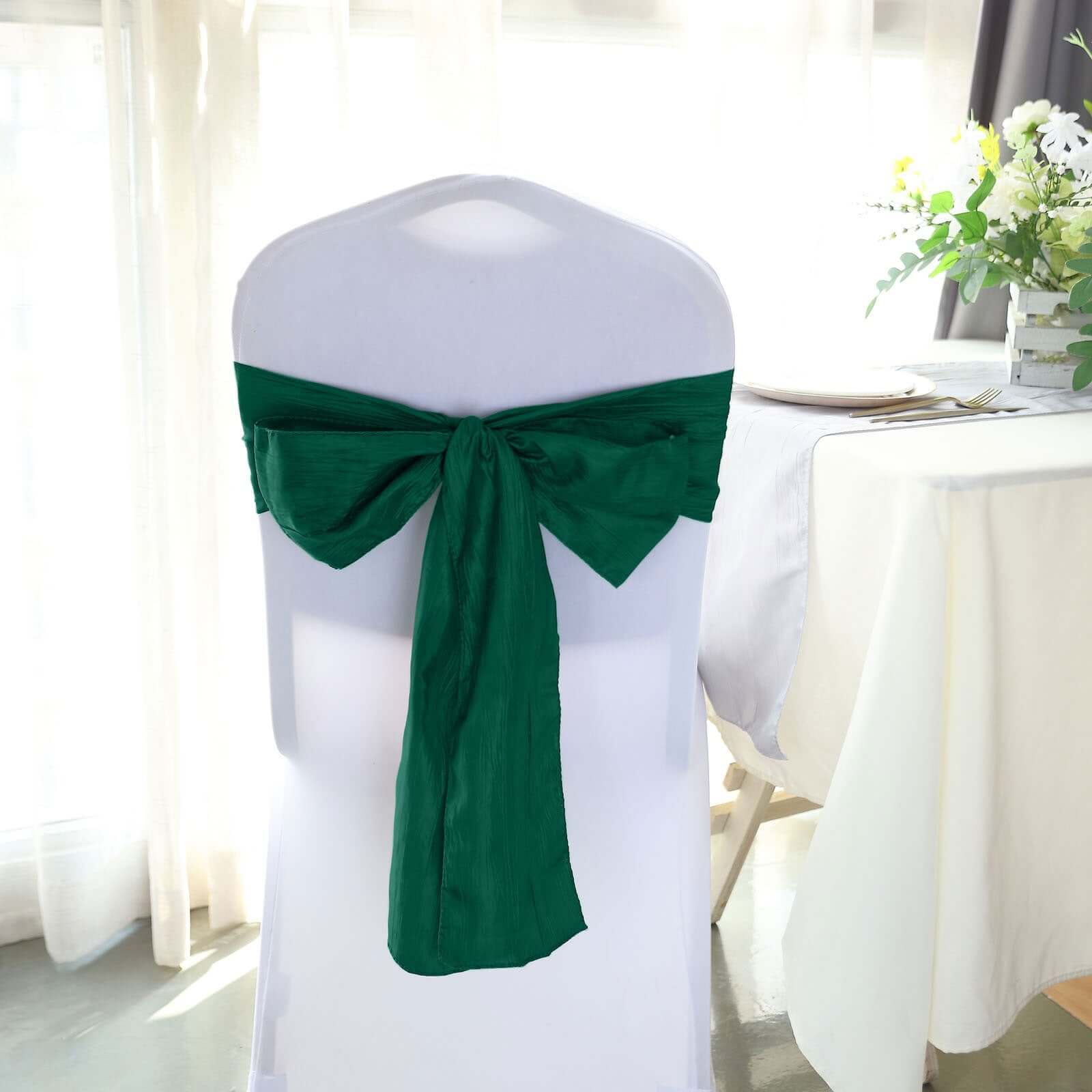 5 Pack Taffeta 6"x106" Chair Sashes Hunter Emerald Green Accordion Crinkle Texture - Stylish Decor for Weddings & Gatherings - Bell Racket Store