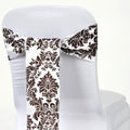 5 Pack Taffeta Damask Chair Sashes White with Chocolate Flocking Design 6"x108"