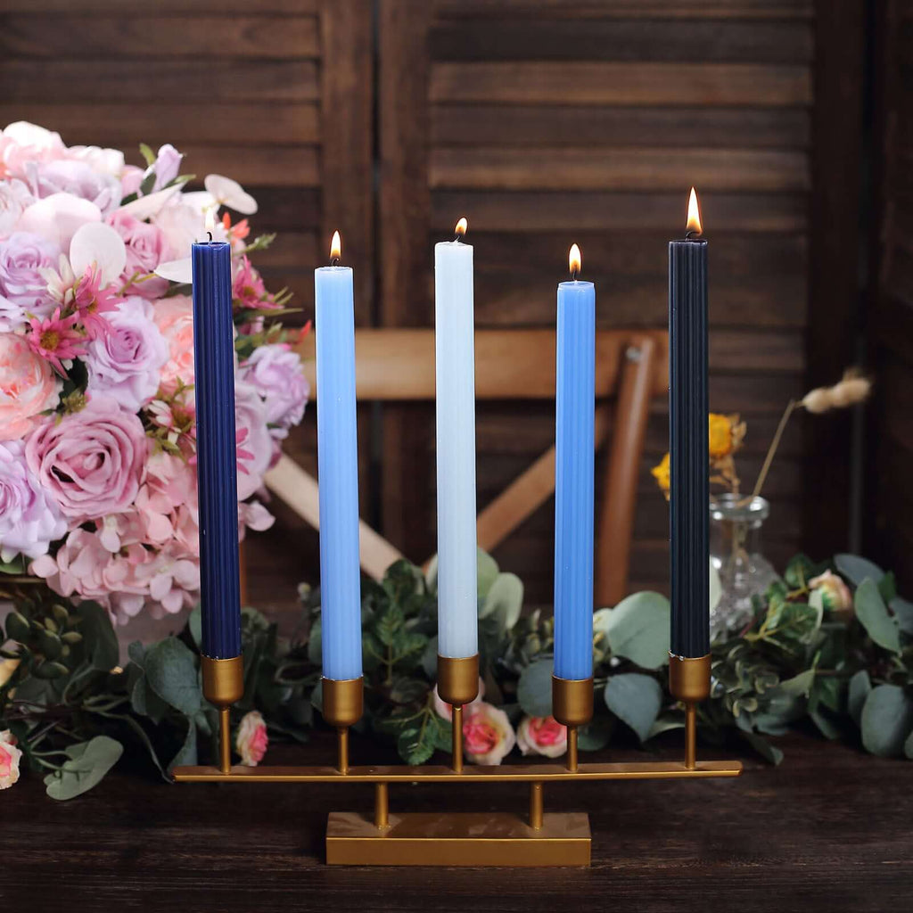 5 - Pack Taper Candles Ribbed Wick Ribbon Wax Design Assorted Blue - Premium Unscented Dinner Candles 9" - Bell Racket Store