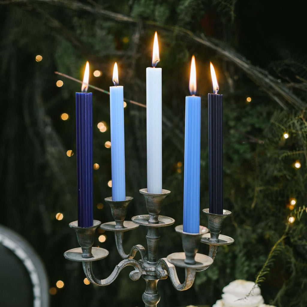 5 - Pack Taper Candles Ribbed Wick Ribbon Wax Design Assorted Blue - Premium Unscented Dinner Candles 9" - Bell Racket Store