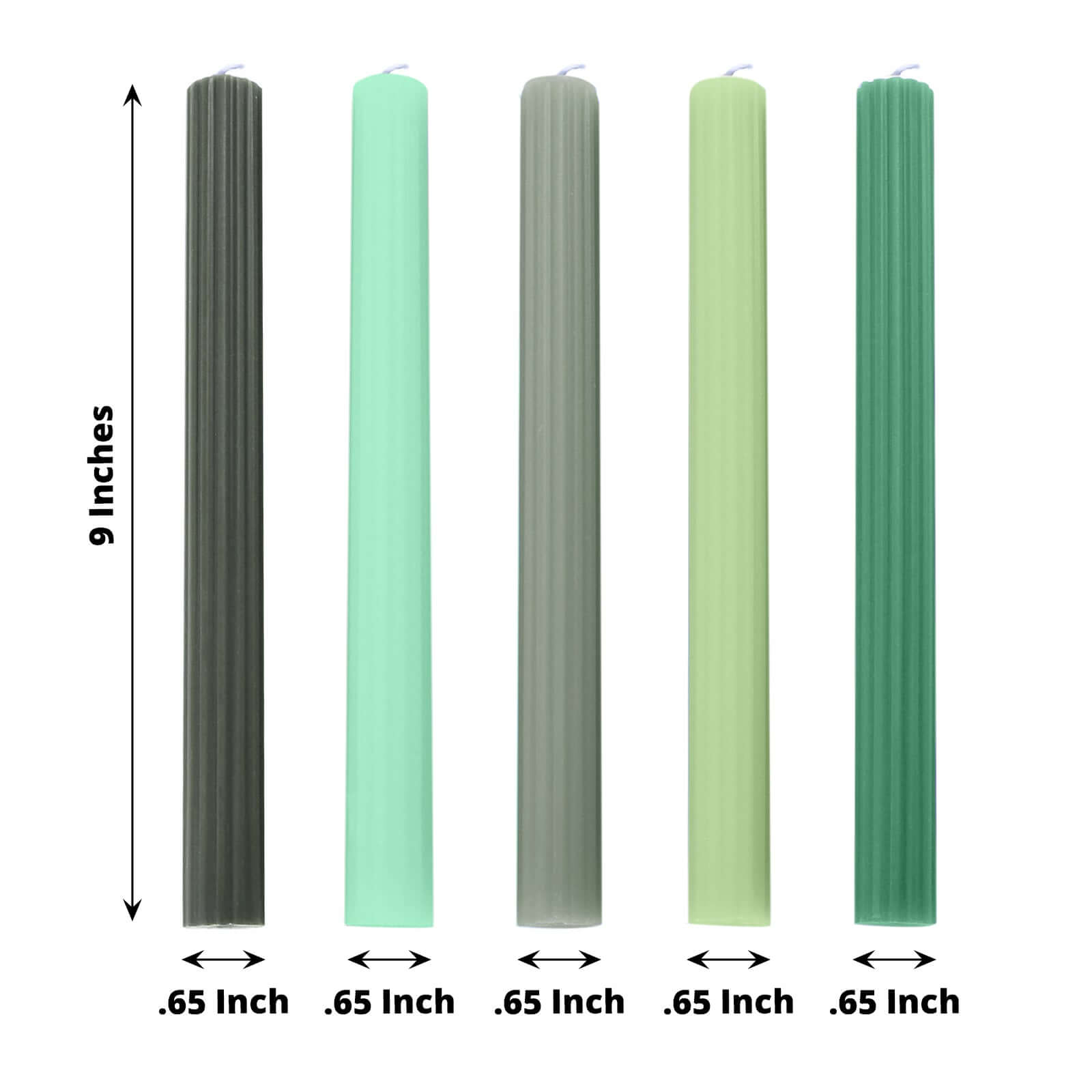 5 - Pack Taper Candles Ribbed Wick Ribbon Wax Design Assorted Green - Premium Unscented Dinner Candles 9" - Bell Racket Store