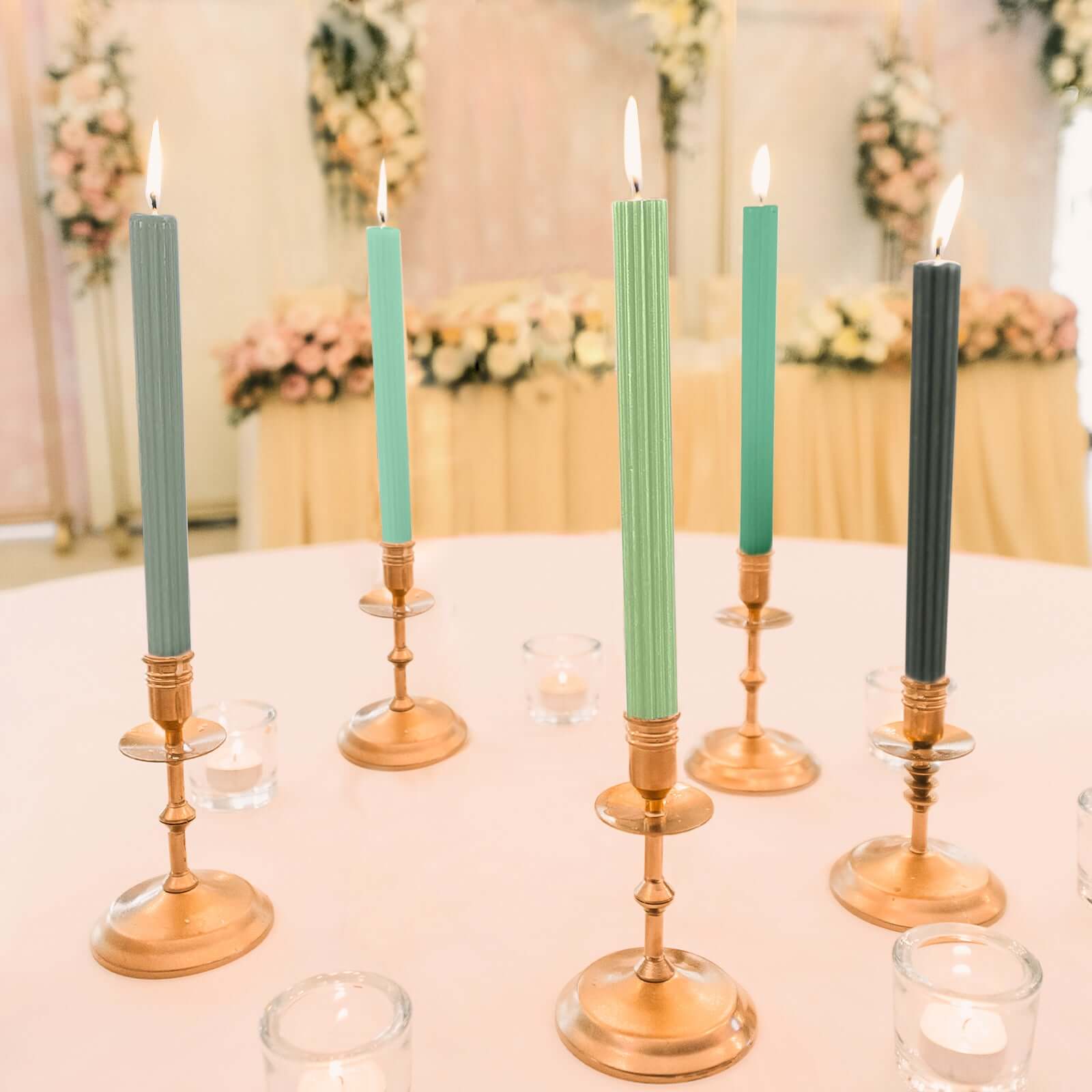 5 - Pack Taper Candles Ribbed Wick Ribbon Wax Design Assorted Green - Premium Unscented Dinner Candles 9" - Bell Racket Store