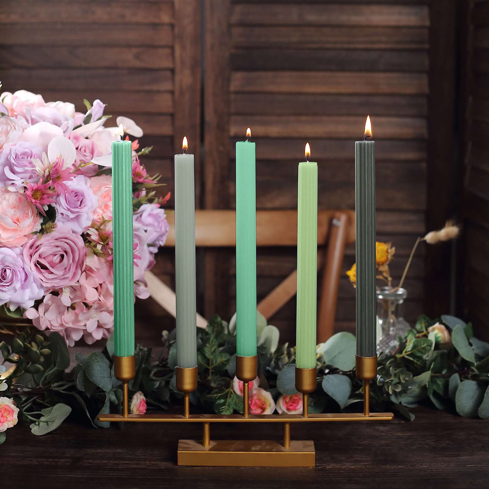 5 - Pack Taper Candles Ribbed Wick Ribbon Wax Design Assorted Green - Premium Unscented Dinner Candles 9" - Bell Racket Store
