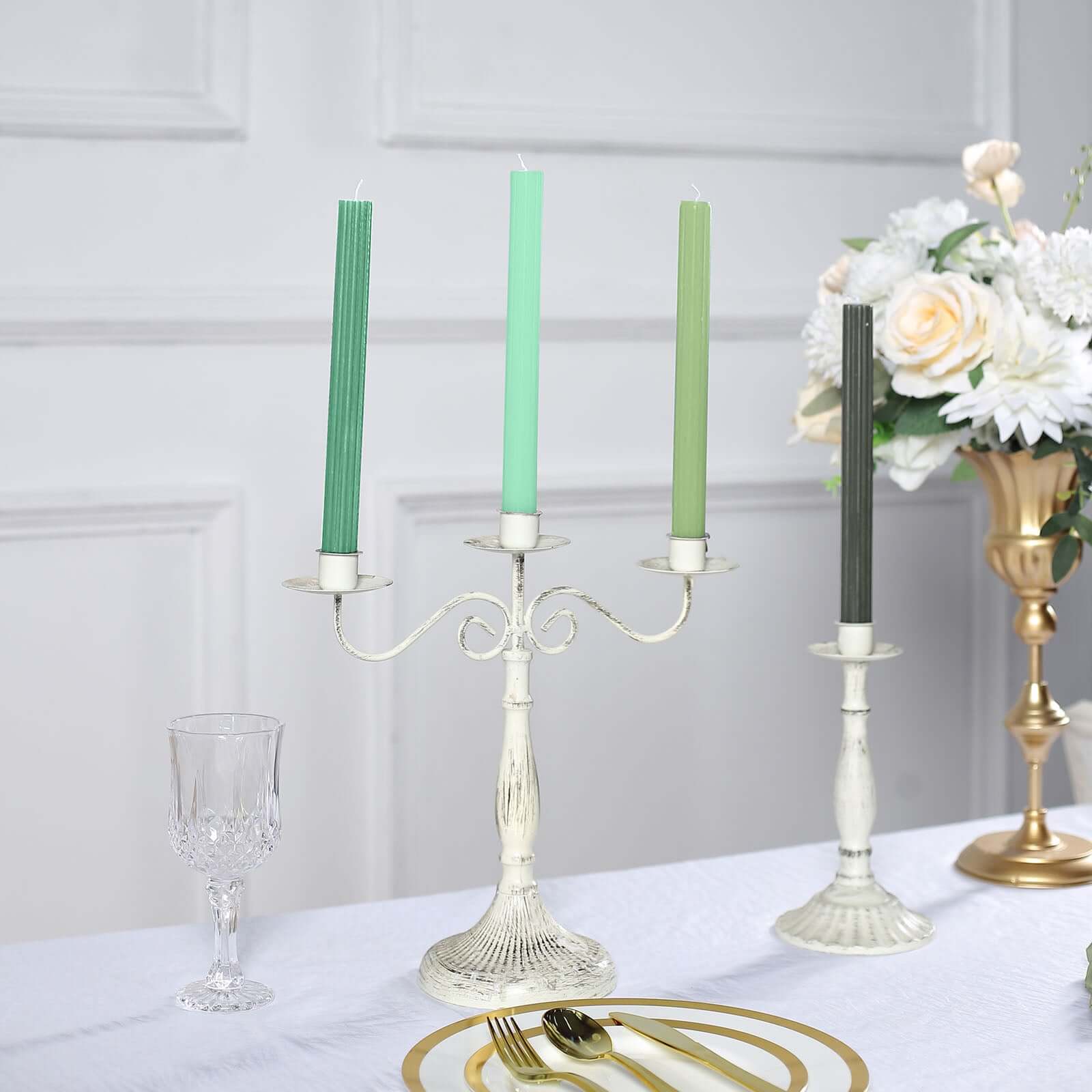 5 - Pack Taper Candles Ribbed Wick Ribbon Wax Design Assorted Green - Premium Unscented Dinner Candles 9" - Bell Racket Store