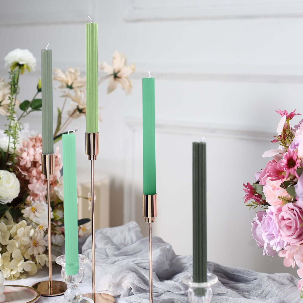 5 - Pack Taper Candles Ribbed Wick Ribbon Wax Design Assorted Green - Premium Unscented Dinner Candles 9" - Bell Racket Store
