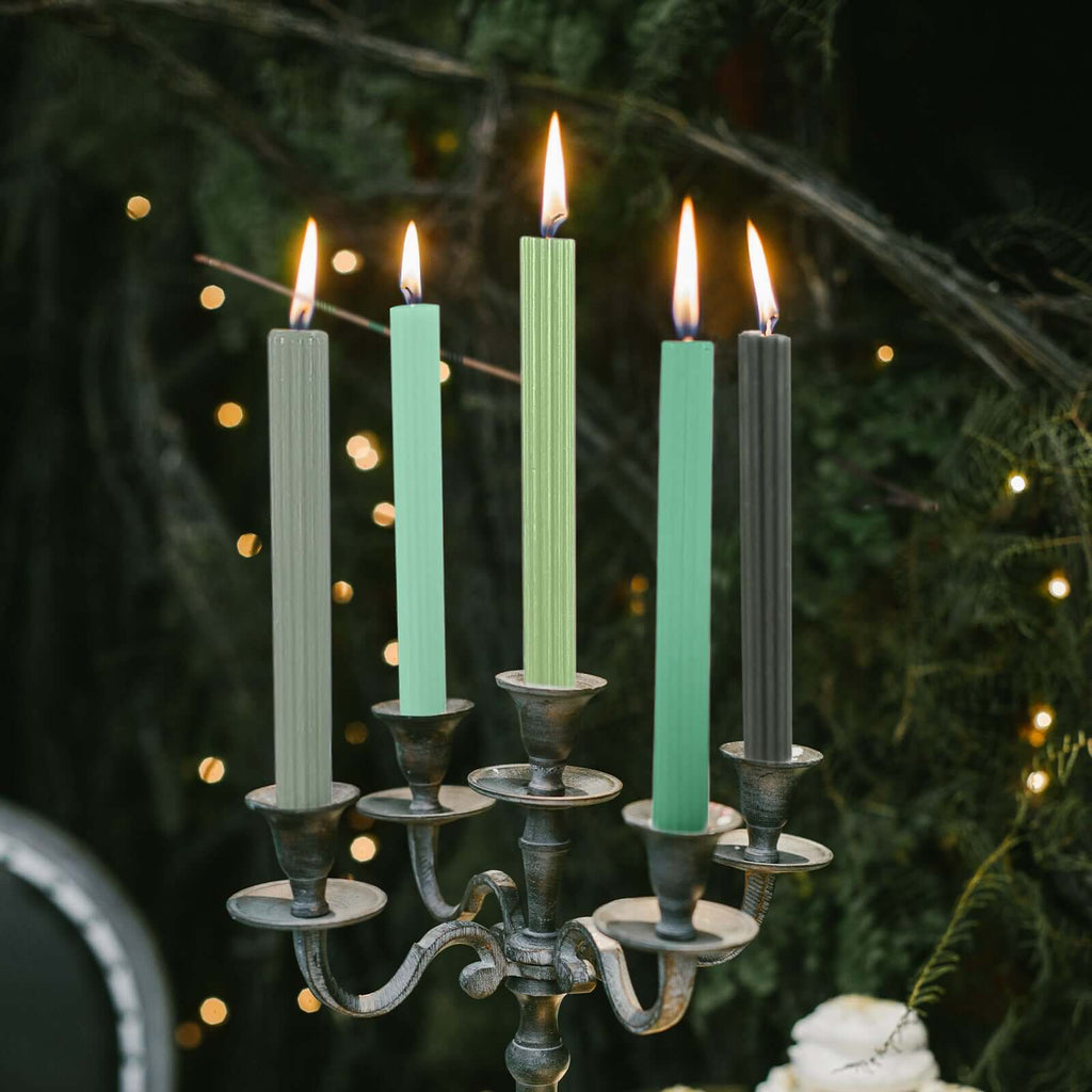 5 - Pack Taper Candles Ribbed Wick Ribbon Wax Design Assorted Green - Premium Unscented Dinner Candles 9" - Bell Racket Store