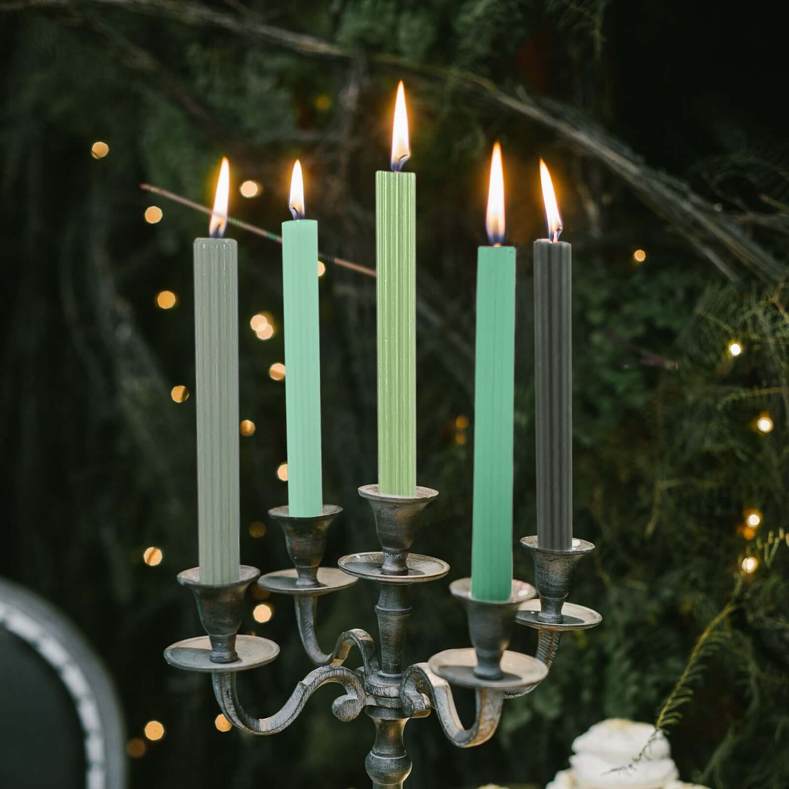 5 - Pack Taper Candles Ribbed Wick Ribbon Wax Design Assorted Green - Premium Unscented Dinner Candles 9" - Bell Racket Store