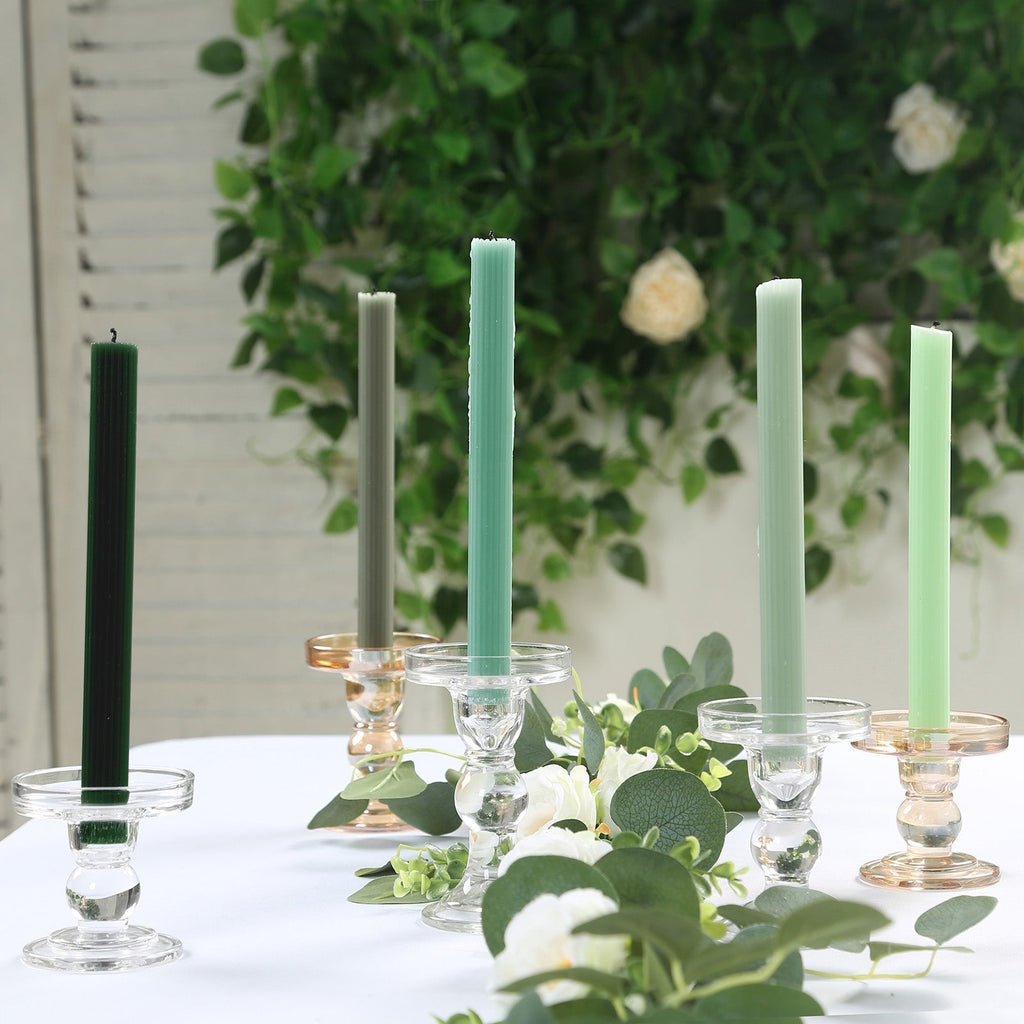 5 - Pack Taper Candles Ribbed Wick Ribbon Wax Design Assorted Sage Green - Premium Unscented Dinner Candles 9" - Bell Racket Store