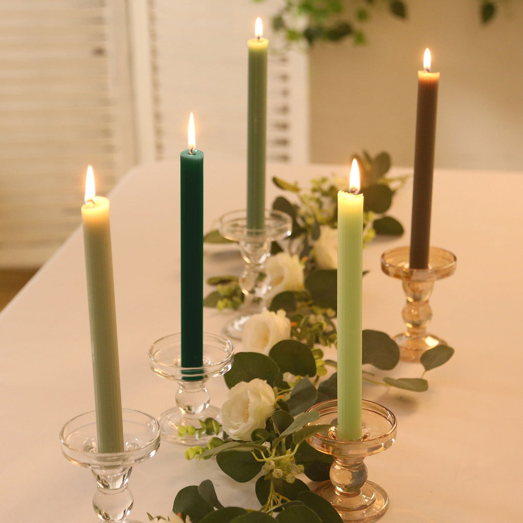 5 - Pack Taper Candles Ribbed Wick Ribbon Wax Design Assorted Sage Green - Premium Unscented Dinner Candles 9" - Bell Racket Store