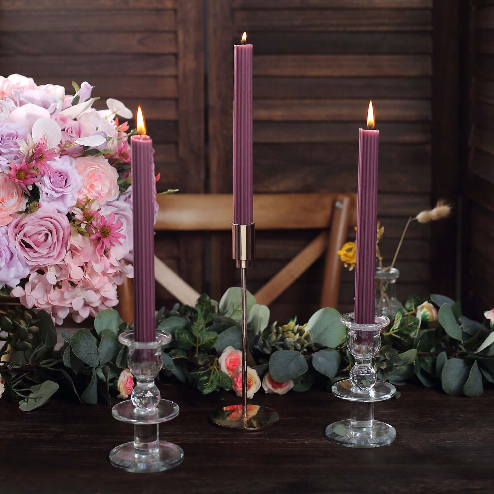 5 - Pack Taper Candles Ribbed Wick Ribbon Wax Design Cinnamon Rose - Premium Unscented Dinner Candles 9" - Bell Racket Store