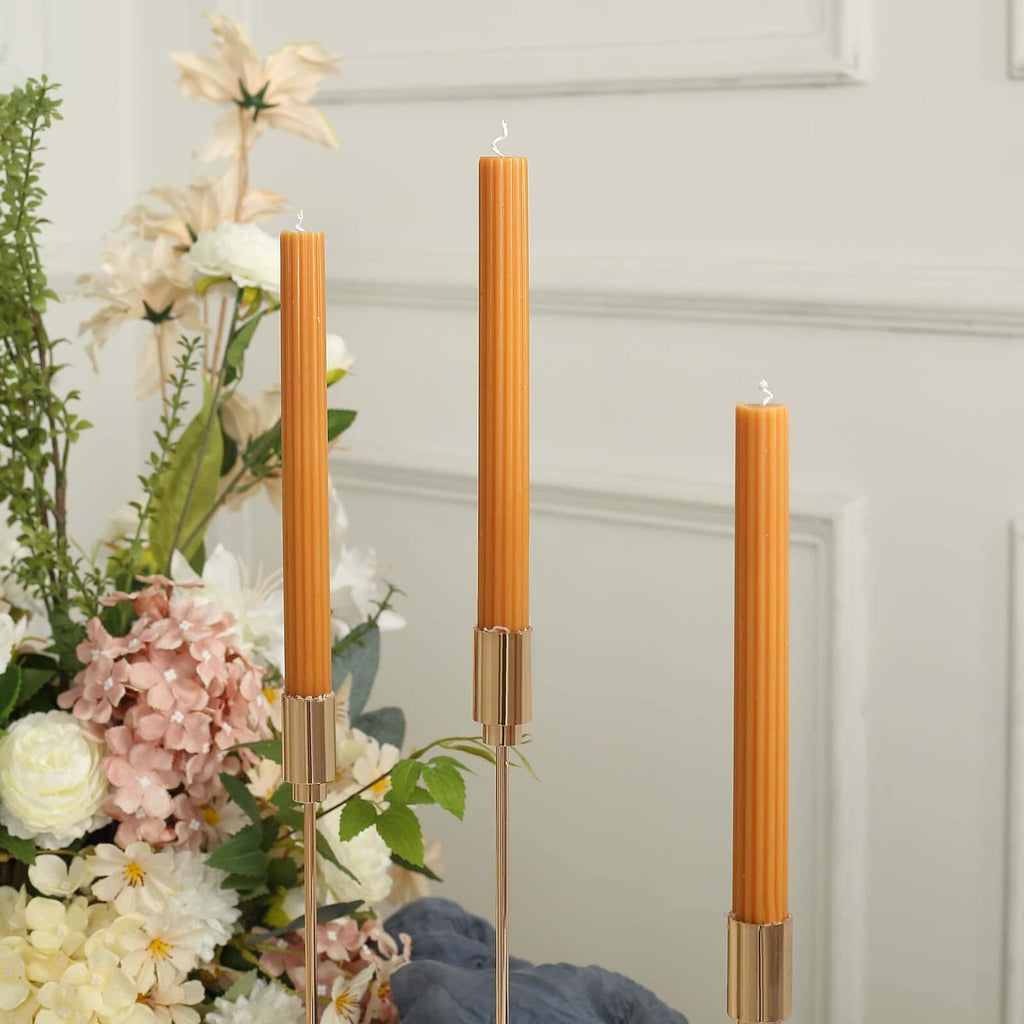 5 - Pack Taper Candles Ribbed Wick Ribbon Wax Design Gold - Premium Unscented Dinner Candles 9" - Bell Racket Store