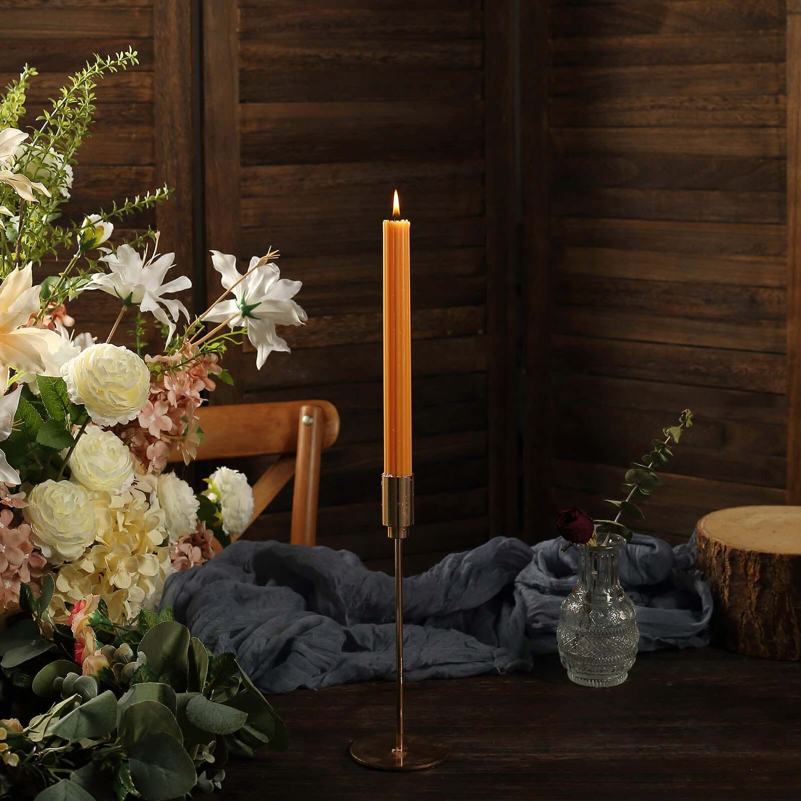 5 - Pack Taper Candles Ribbed Wick Ribbon Wax Design Gold - Premium Unscented Dinner Candles 9" - Bell Racket Store