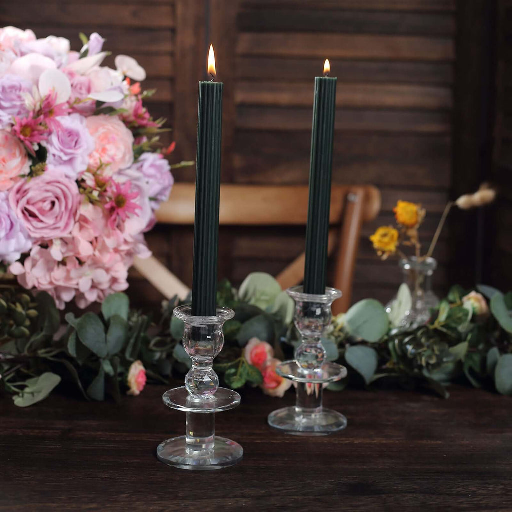 5 - Pack Taper Candles Ribbed Wick Ribbon Wax Design Hunter Emerald Green - Premium Unscented Dinner Candles 9" - Bell Racket Store