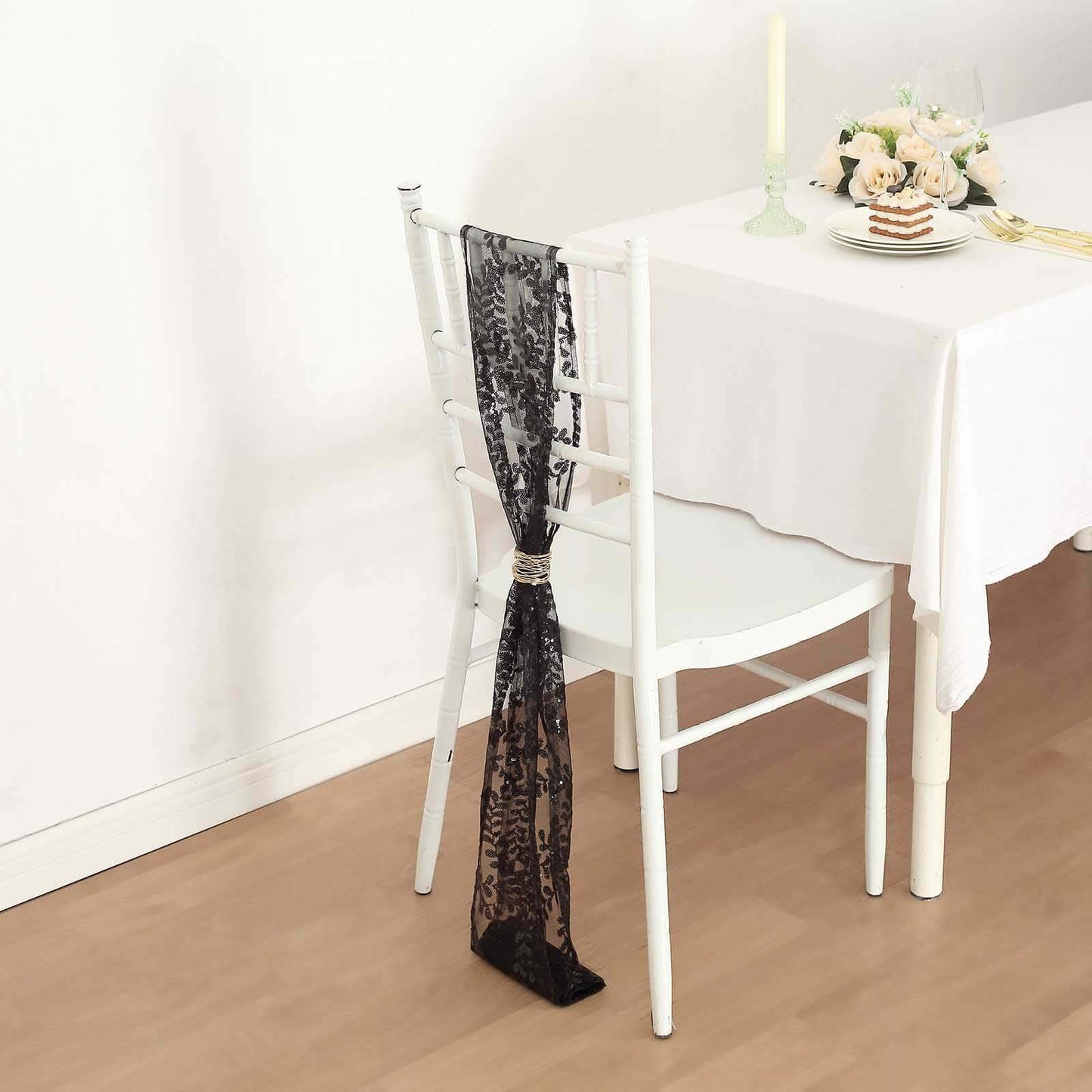 5 Pack Tulle Chair Sashes with Leaf Vine Embroidered Sequins Black 6"x88" - Bell Racket Store