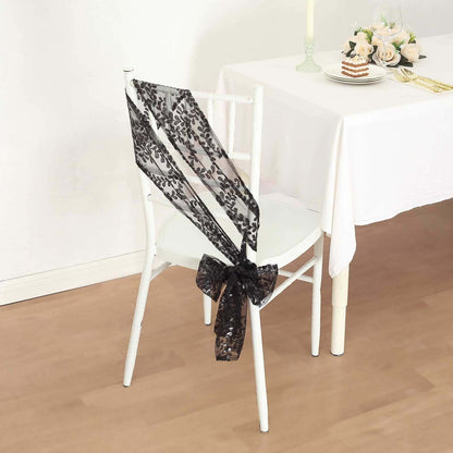 5 Pack Tulle Chair Sashes with Leaf Vine Embroidered Sequins Black 6"x88" - Bell Racket Store