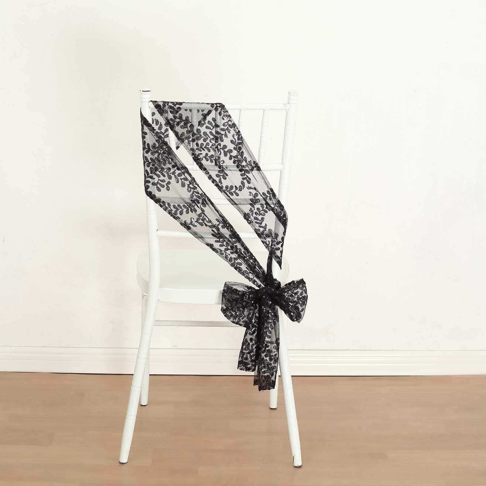 5 Pack Tulle Chair Sashes with Leaf Vine Embroidered Sequins Black 6"x88" - Bell Racket Store