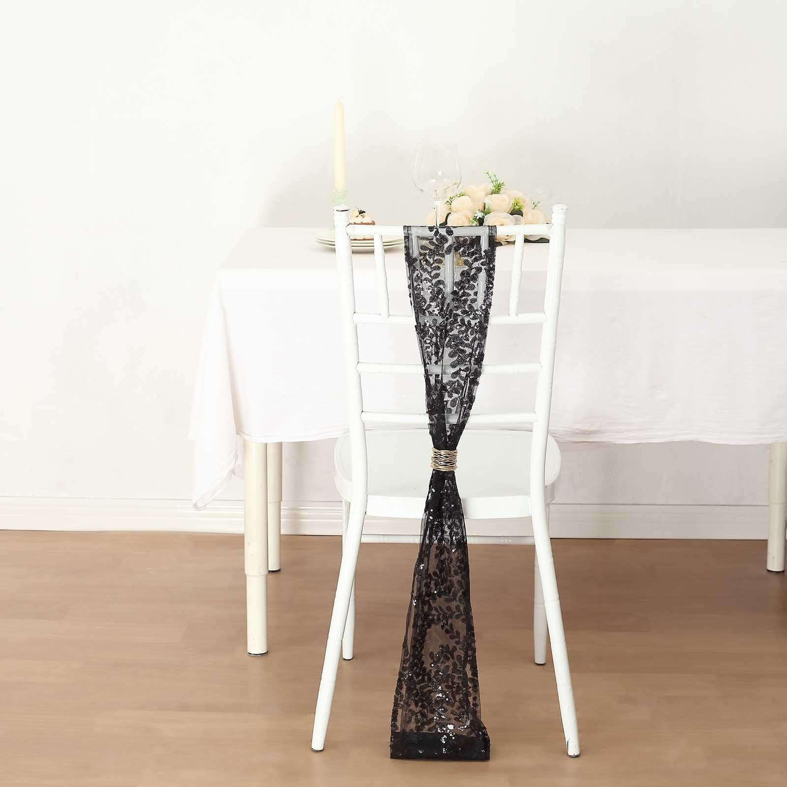 5 Pack Tulle Chair Sashes with Leaf Vine Embroidered Sequins Black 6"x88" - Bell Racket Store
