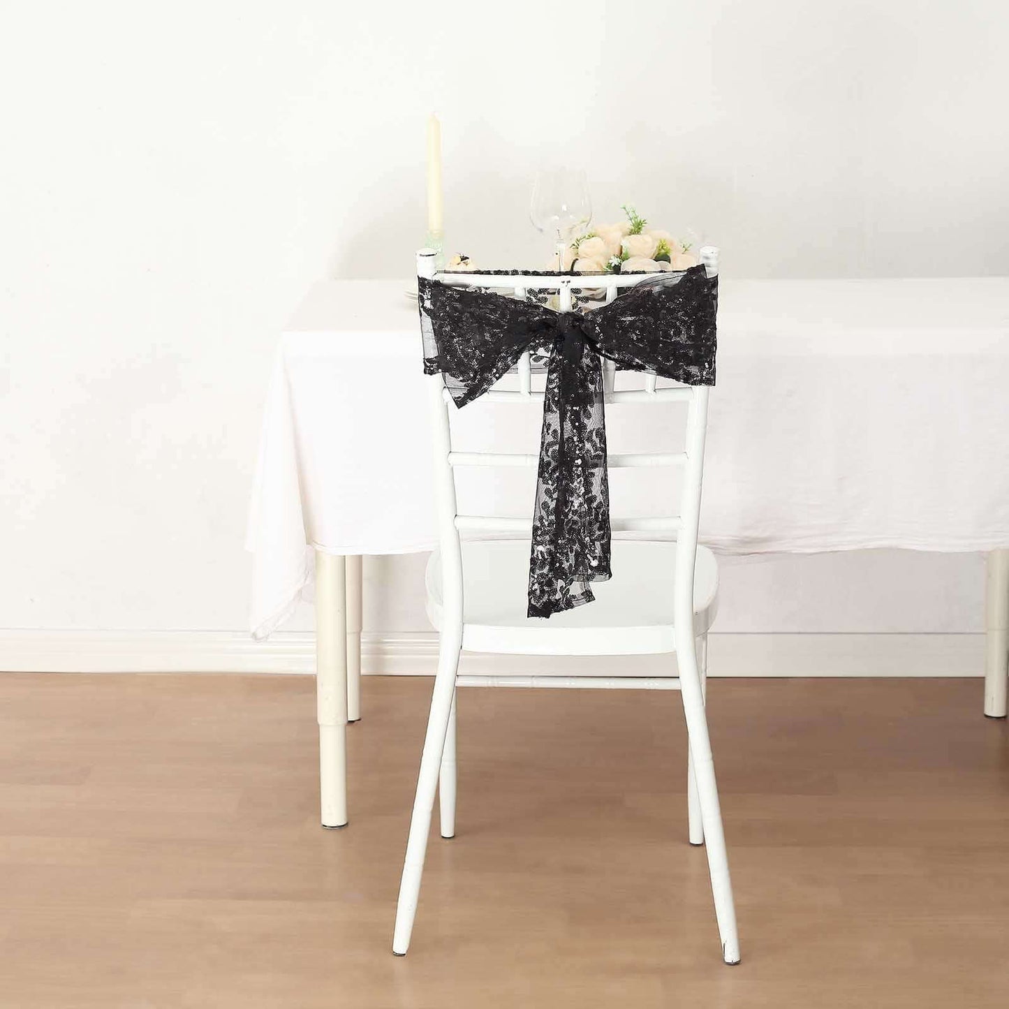 5 Pack Tulle Chair Sashes with Leaf Vine Embroidered Sequins Black 6"x88" - Bell Racket Store
