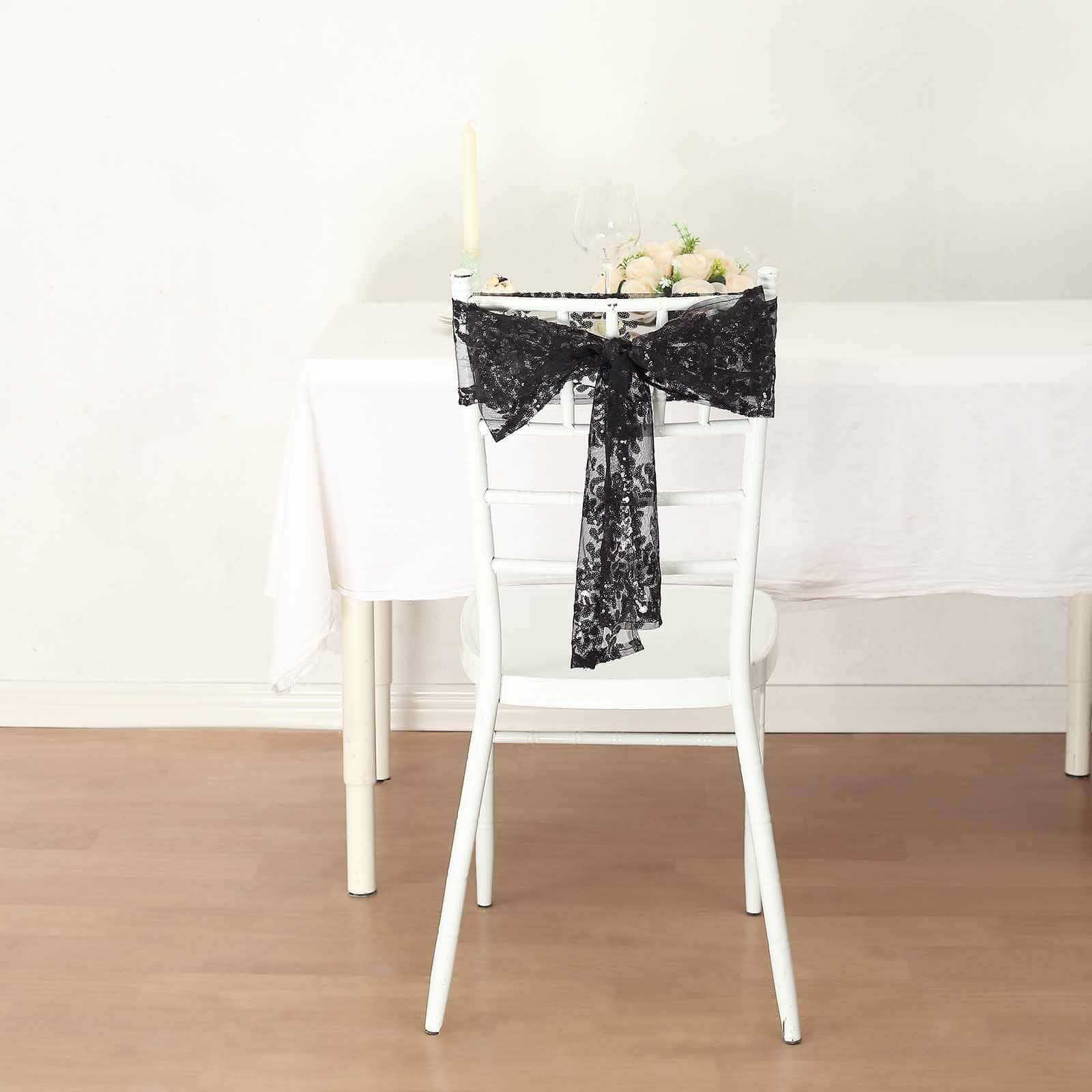 5 Pack Tulle Chair Sashes with Leaf Vine Embroidered Sequins Black 6"x88" - Bell Racket Store