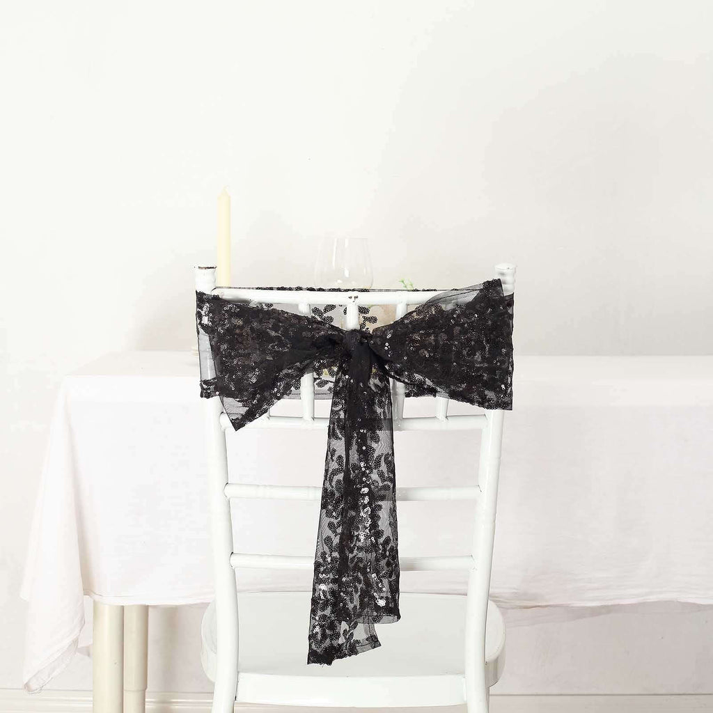 5 Pack Tulle Chair Sashes with Leaf Vine Embroidered Sequins Black 6"x88" - Bell Racket Store