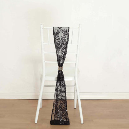 5 Pack Tulle Chair Sashes with Leaf Vine Embroidered Sequins Black 6"x88" - Bell Racket Store