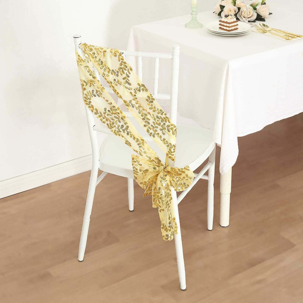 5 Pack Tulle Chair Sashes with Leaf Vine Embroidered Sequins Gold 6"x88" - Stylish Decor for Weddings - Bell Racket Store