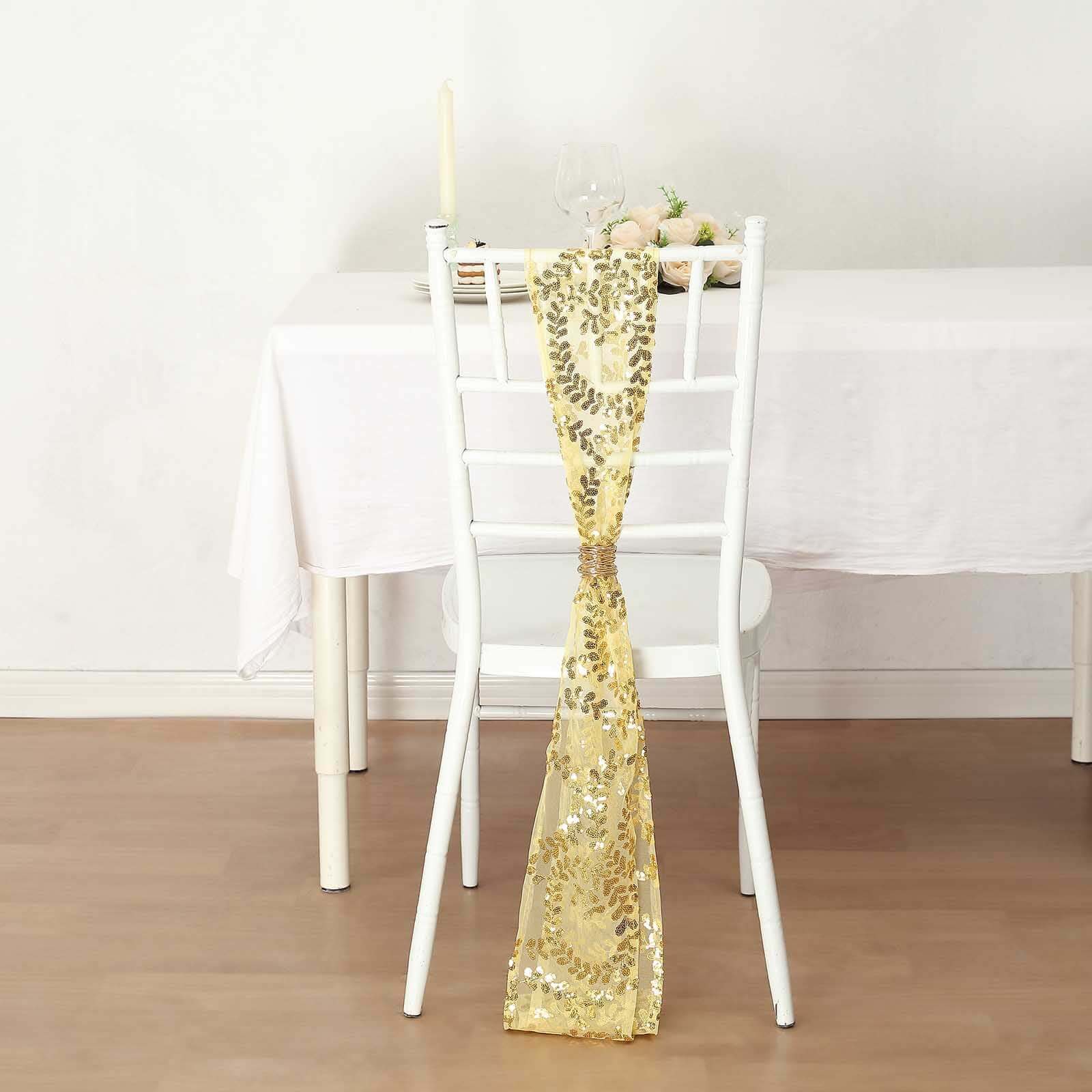 5 Pack Tulle Chair Sashes with Leaf Vine Embroidered Sequins Gold 6"x88" - Stylish Decor for Weddings - Bell Racket Store