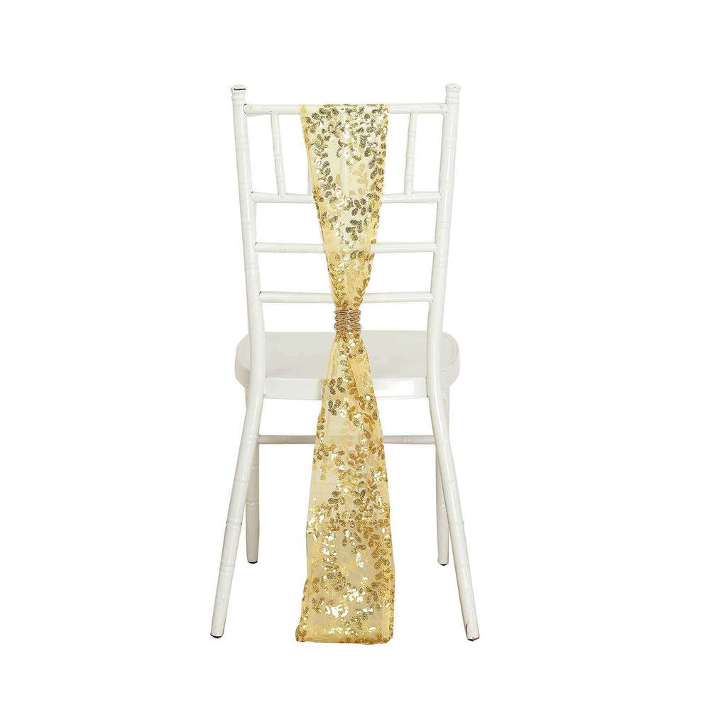 5 Pack Tulle Chair Sashes with Leaf Vine Embroidered Sequins Gold 6"x88" - Stylish Decor for Weddings - Bell Racket Store