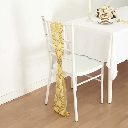 5 Pack Tulle Chair Sashes with Leaf Vine Embroidered Sequins Gold 6"x88" - Stylish Decor for Weddings - Bell Racket Store