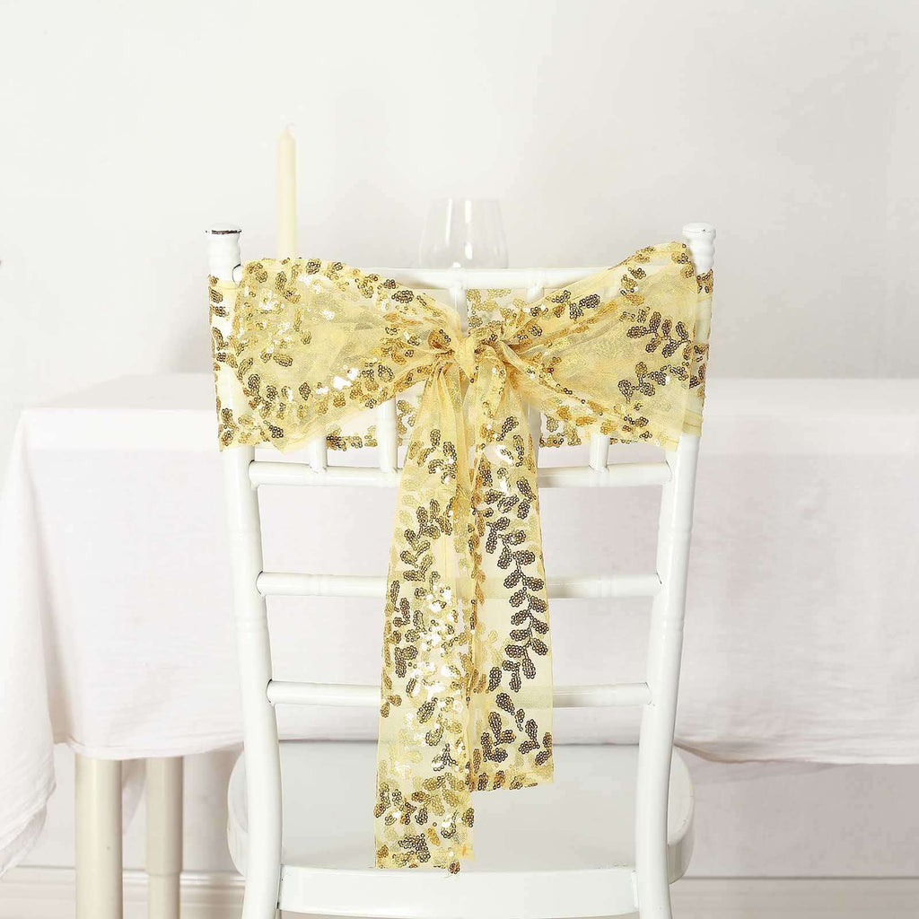 5 Pack Tulle Chair Sashes with Leaf Vine Embroidered Sequins Gold 6"x88" - Stylish Decor for Weddings - Bell Racket Store