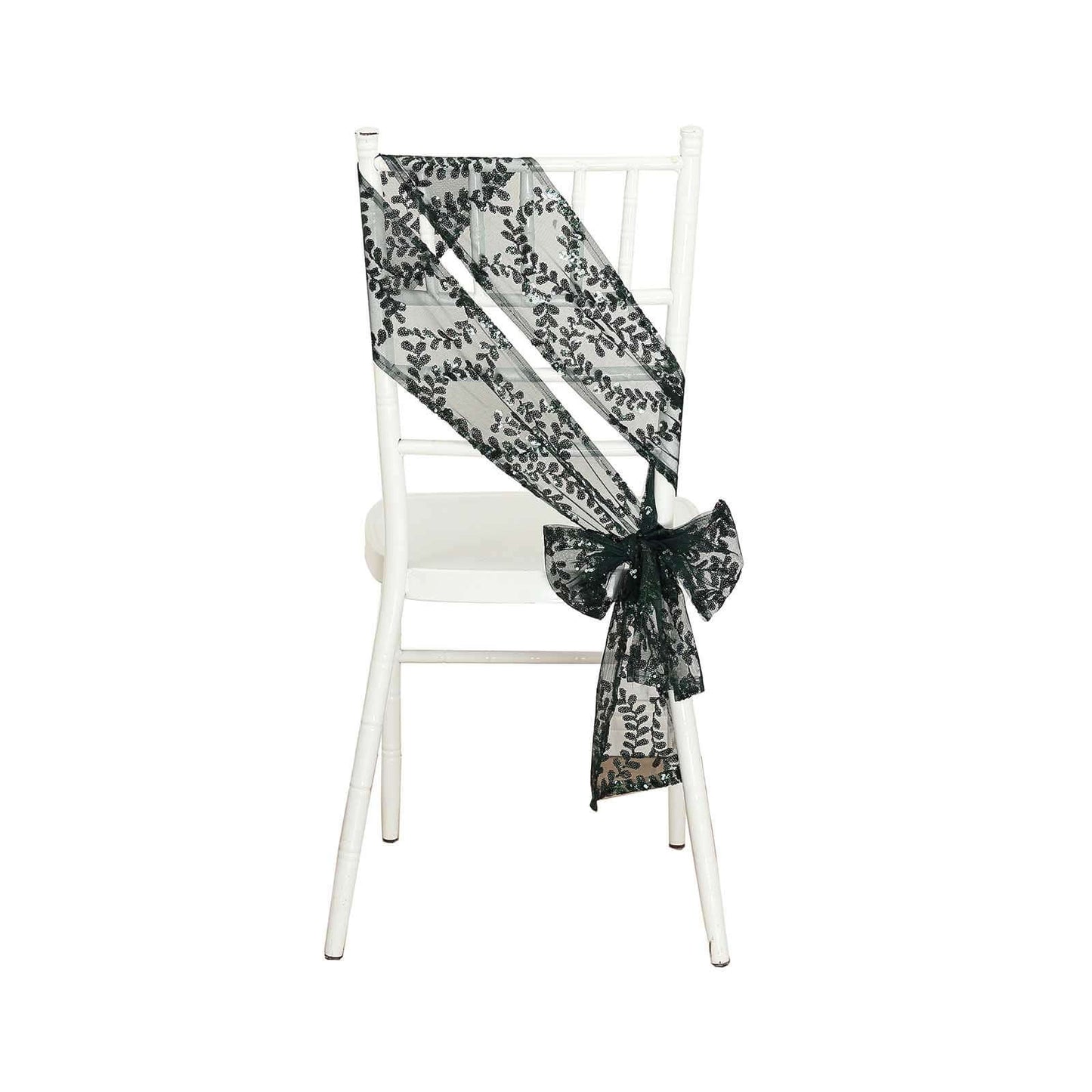 5 Pack Tulle Chair Sashes with Leaf Vine Embroidered Sequins Hunter Emerald Green 6"x88" - Bell Racket Store