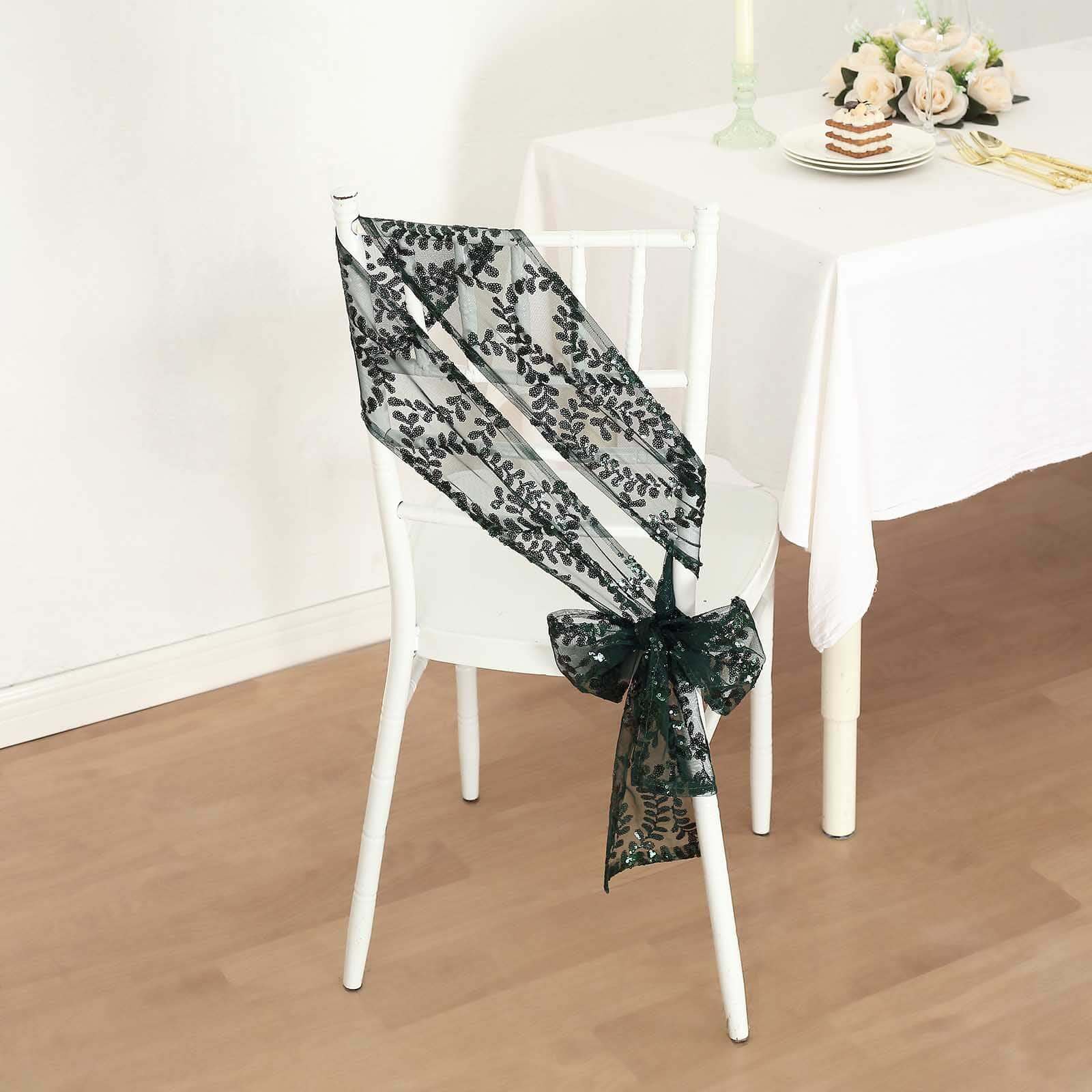 5 Pack Tulle Chair Sashes with Leaf Vine Embroidered Sequins Hunter Emerald Green 6"x88" - Bell Racket Store