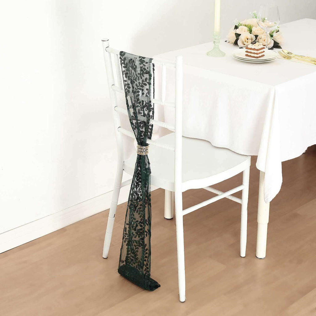 5 Pack Tulle Chair Sashes with Leaf Vine Embroidered Sequins Hunter Emerald Green 6"x88" - Bell Racket Store