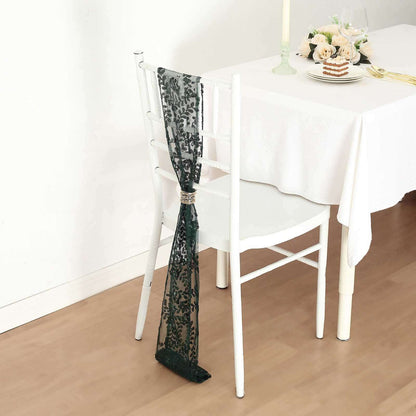 5 Pack Tulle Chair Sashes with Leaf Vine Embroidered Sequins Hunter Emerald Green 6"x88" - Bell Racket Store