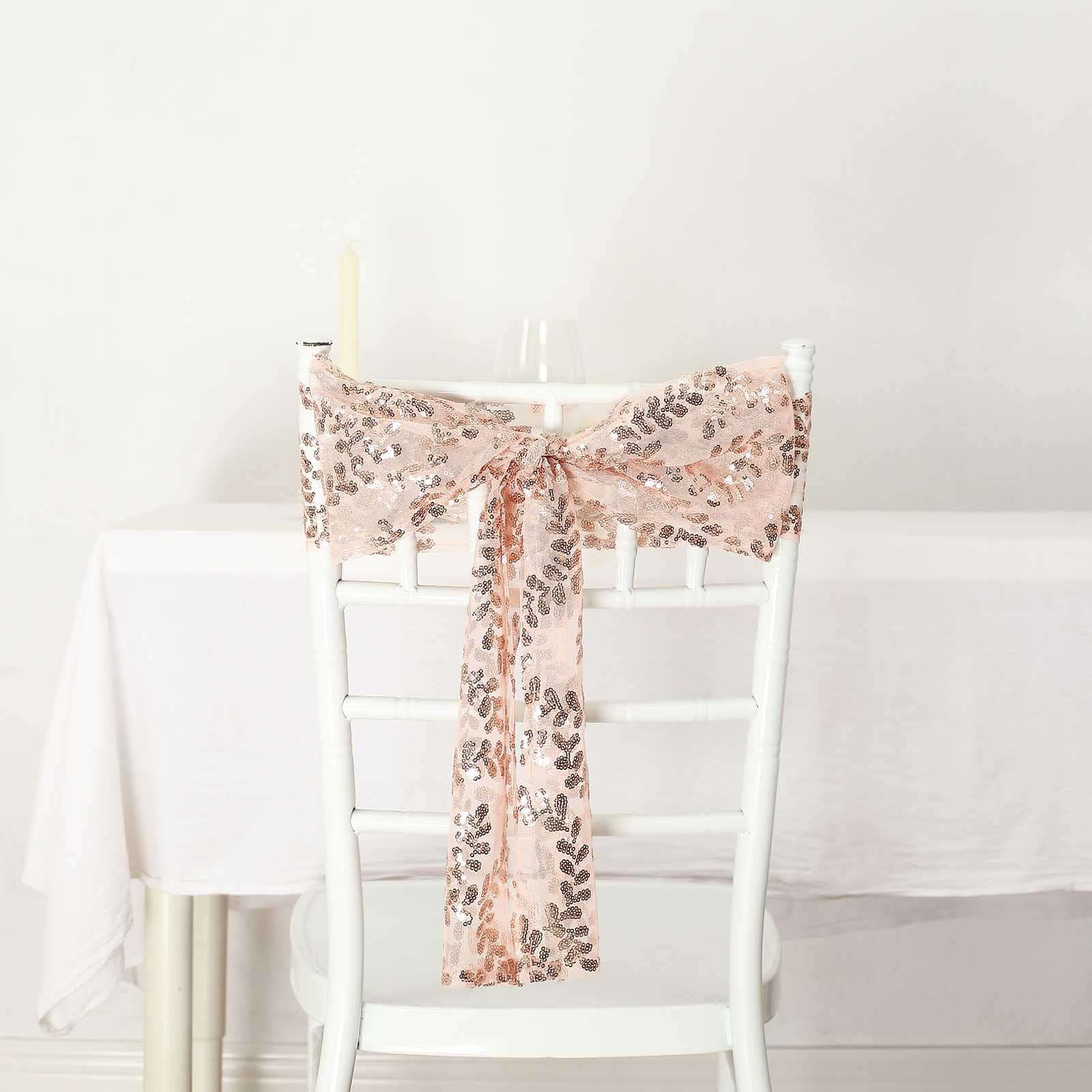 5 Pack Tulle Chair Sashes with Leaf Vine Embroidered Sequins Rose Gold 6"x88" - Bell Racket Store