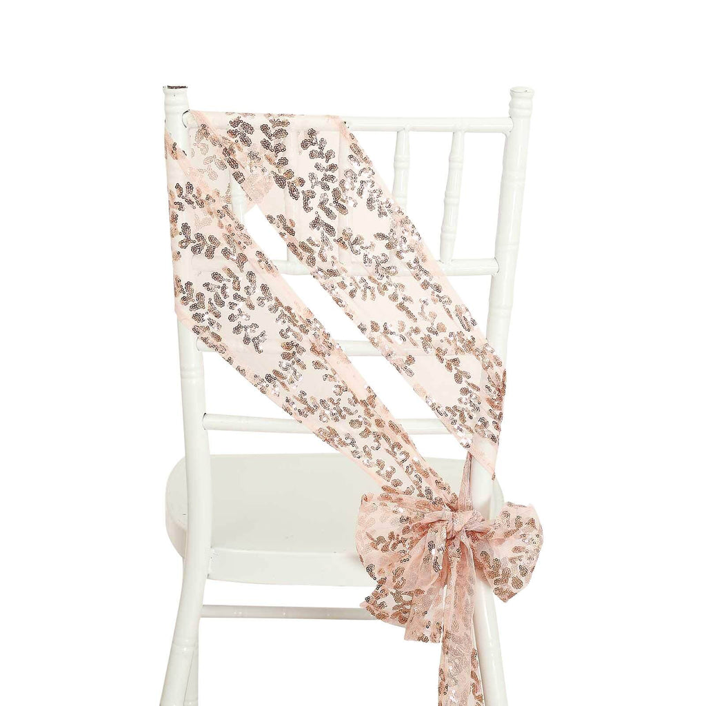 5 Pack Tulle Chair Sashes with Leaf Vine Embroidered Sequins Rose Gold 6"x88" - Bell Racket Store