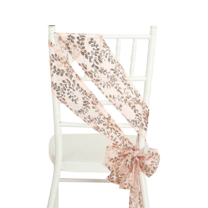 5 Pack Tulle Chair Sashes with Leaf Vine Embroidered Sequins Rose Gold 6"x88" - Bell Racket Store